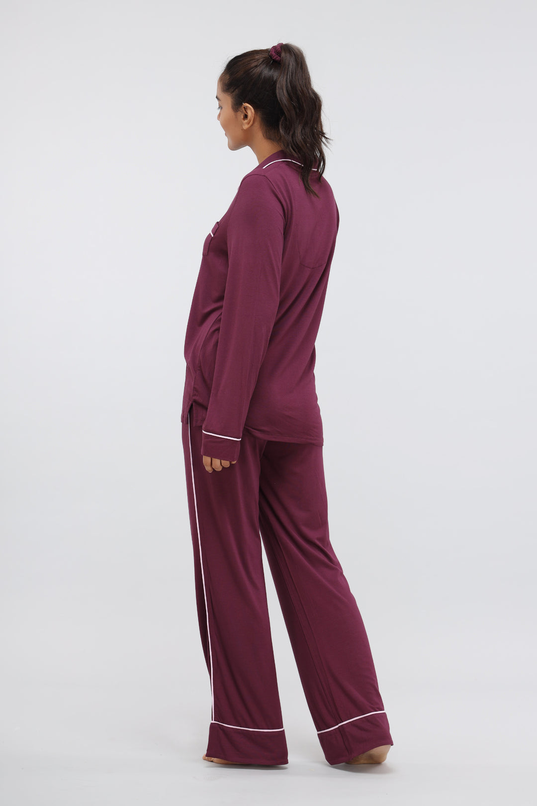 Wine full sleeve modal pajama set with piping details for women.