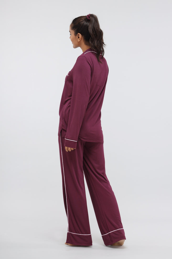 Wine full sleeve modal pajama set with piping details for women.