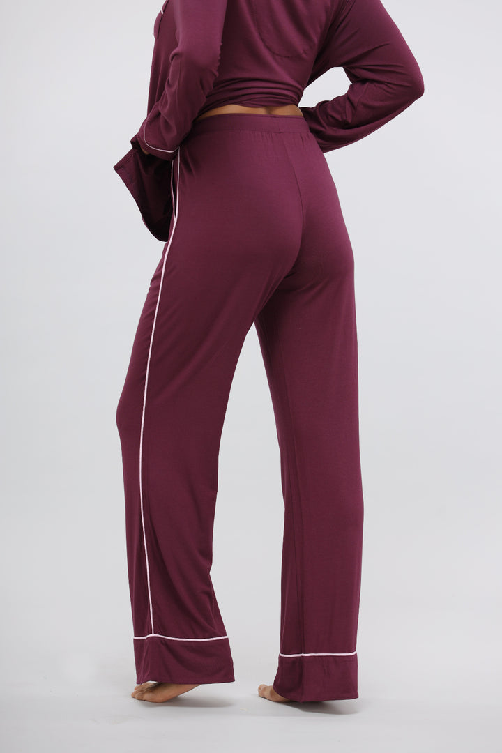Wine button-down modal pajama set with piping detail, stylish and comfortable.