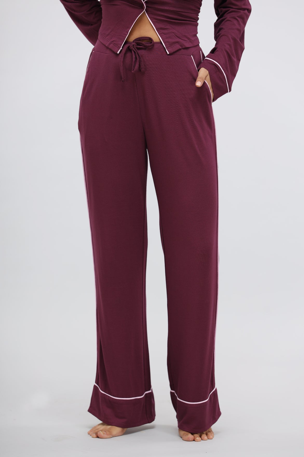 Wine Modal Piping Pajamas with stylish design and comfortable fit.