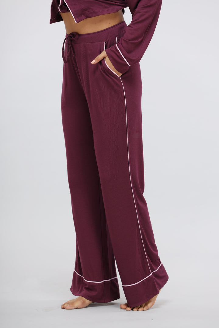 Wine button-down piping modal pajama set with stylish wide-leg pants.