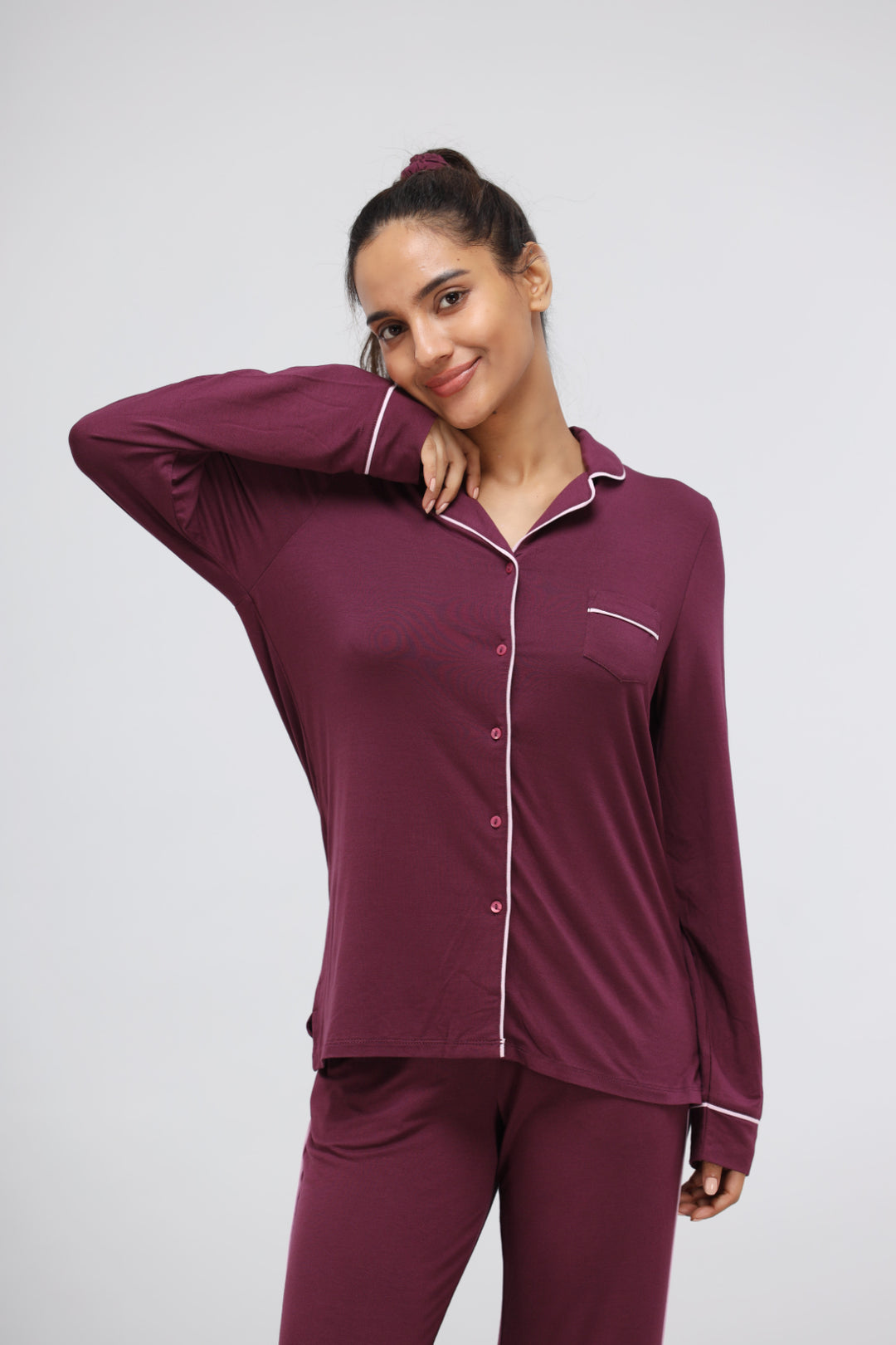 Wine Modal Piping Full Sleeve Top