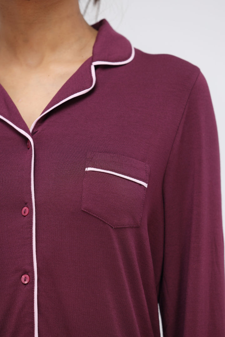 Wine Modal Piping Full Sleeve Top with pocket detail and contrast trim.