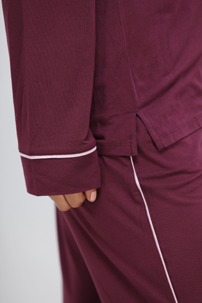 Wine piping modal pajama set with full sleeves and stylish accents.