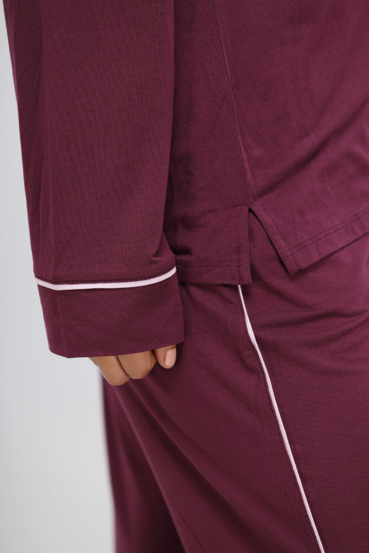 Wine piping modal pajama set with full sleeves and stylish accents.