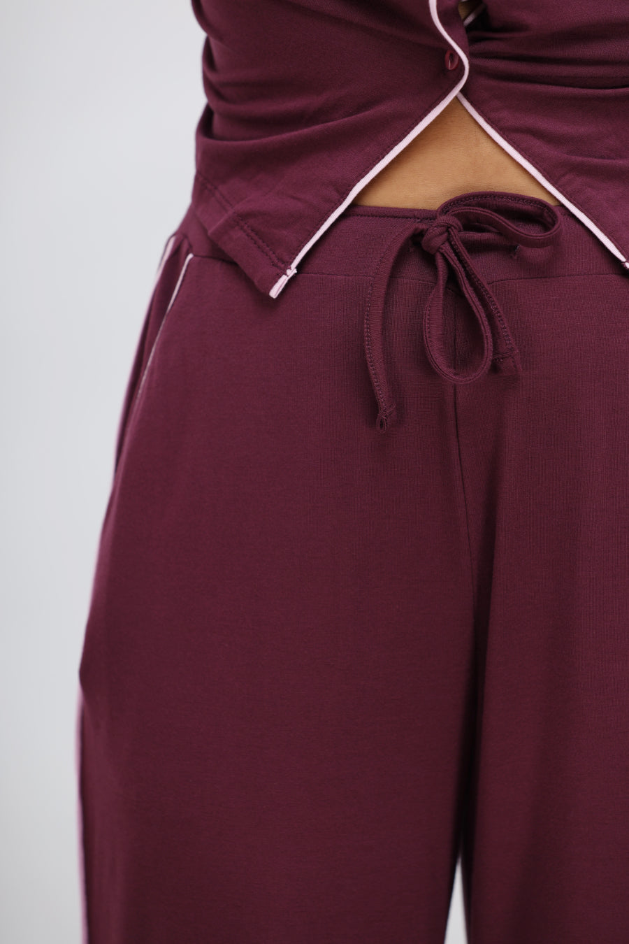 Wine button-down piping modal pajama set close-up view.
