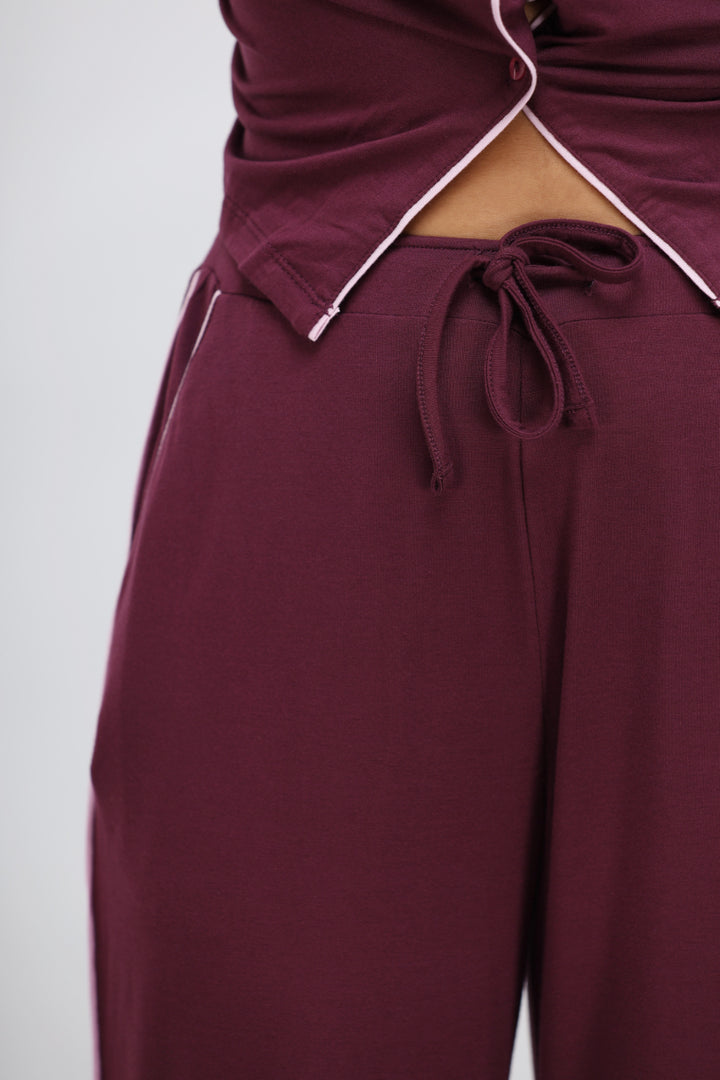 Wine button-down piping modal pajama set close-up view.
