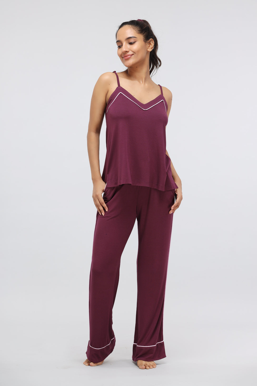 Wine Piping Modal Pajama Set with Tank Top