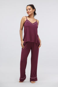 Wine Piping Modal Pajama Set with Tank Top for comfortable lounging.