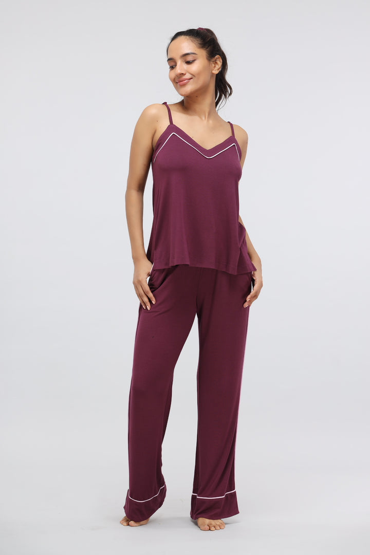 Wine modal piping tank top for stylish and comfortable lounging.