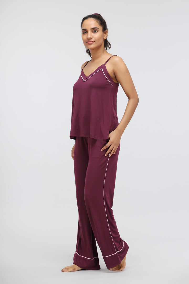 Wine modal piping tank top and matching pants for comfortable style.