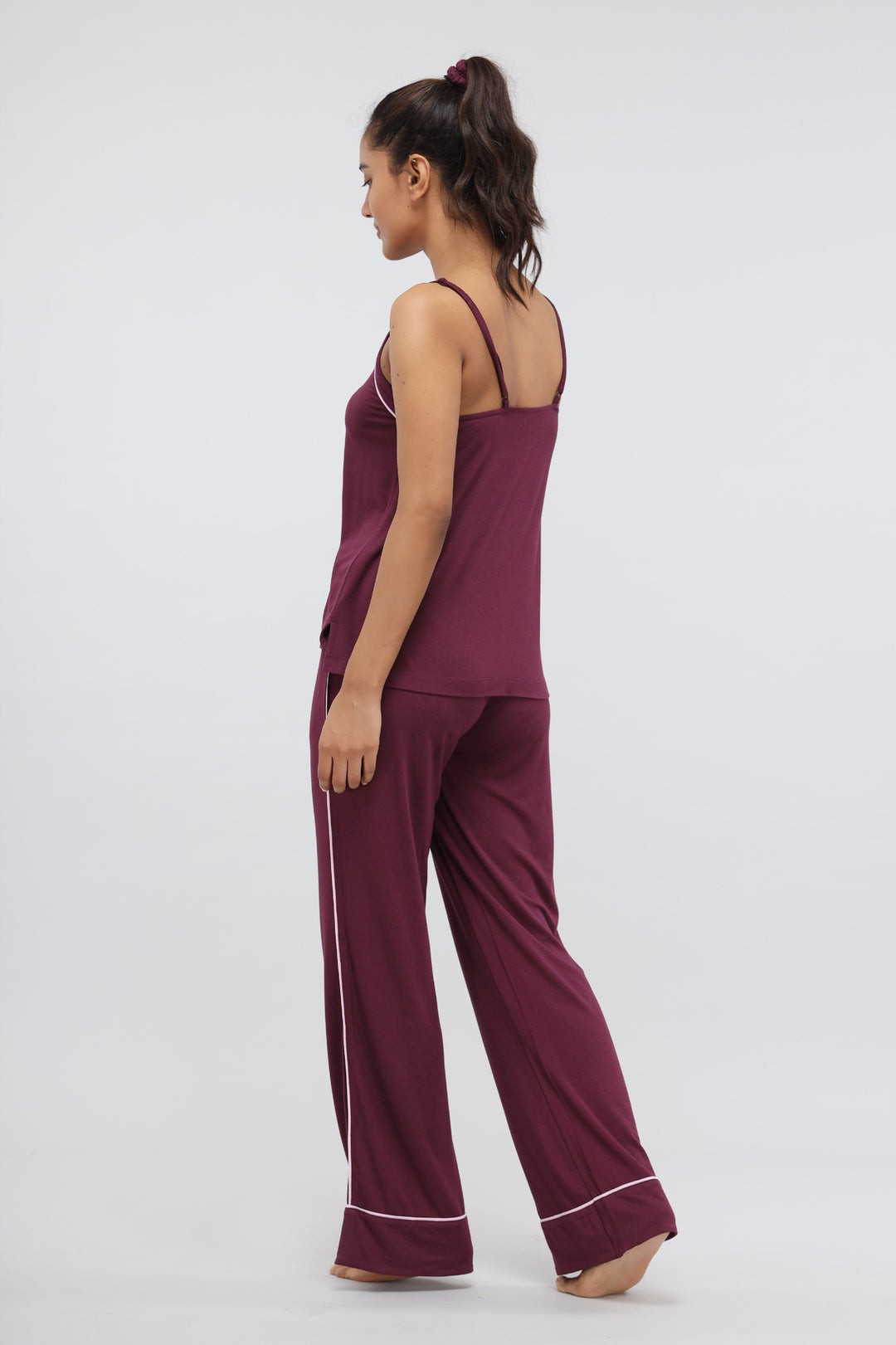 Wine Piping Modal Pajama Set with Tank Top