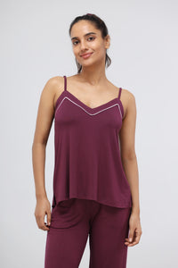 Wine modal piping tank top for stylish comfort and casual wear.