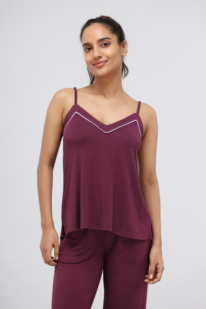 Wine modal piping tank top for stylish comfort and casual wear.