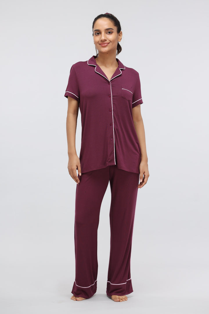 Wine modal half sleeve top and matching bottoms set.