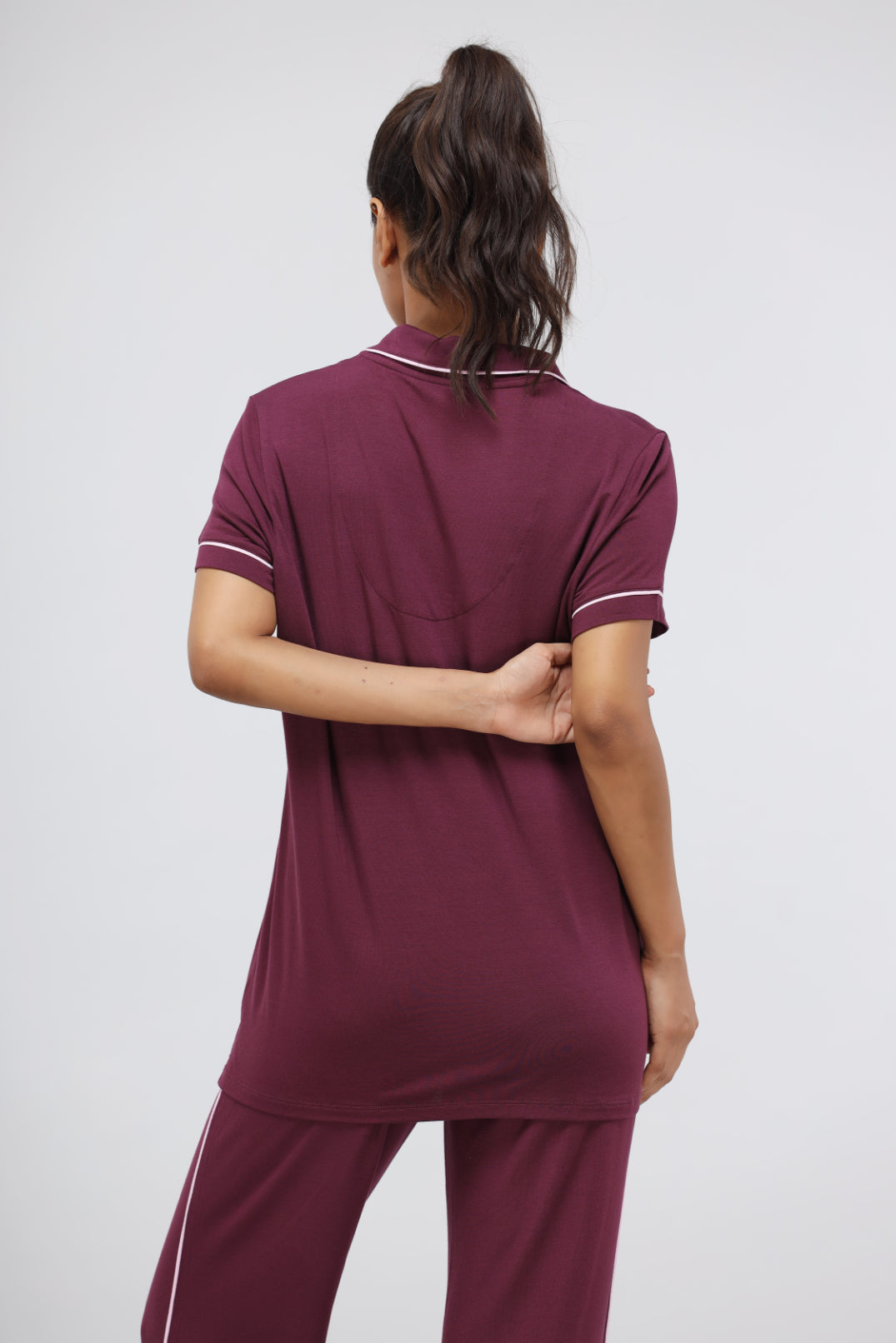 Wine modal piping half sleeve top, stylish and comfortable back view.