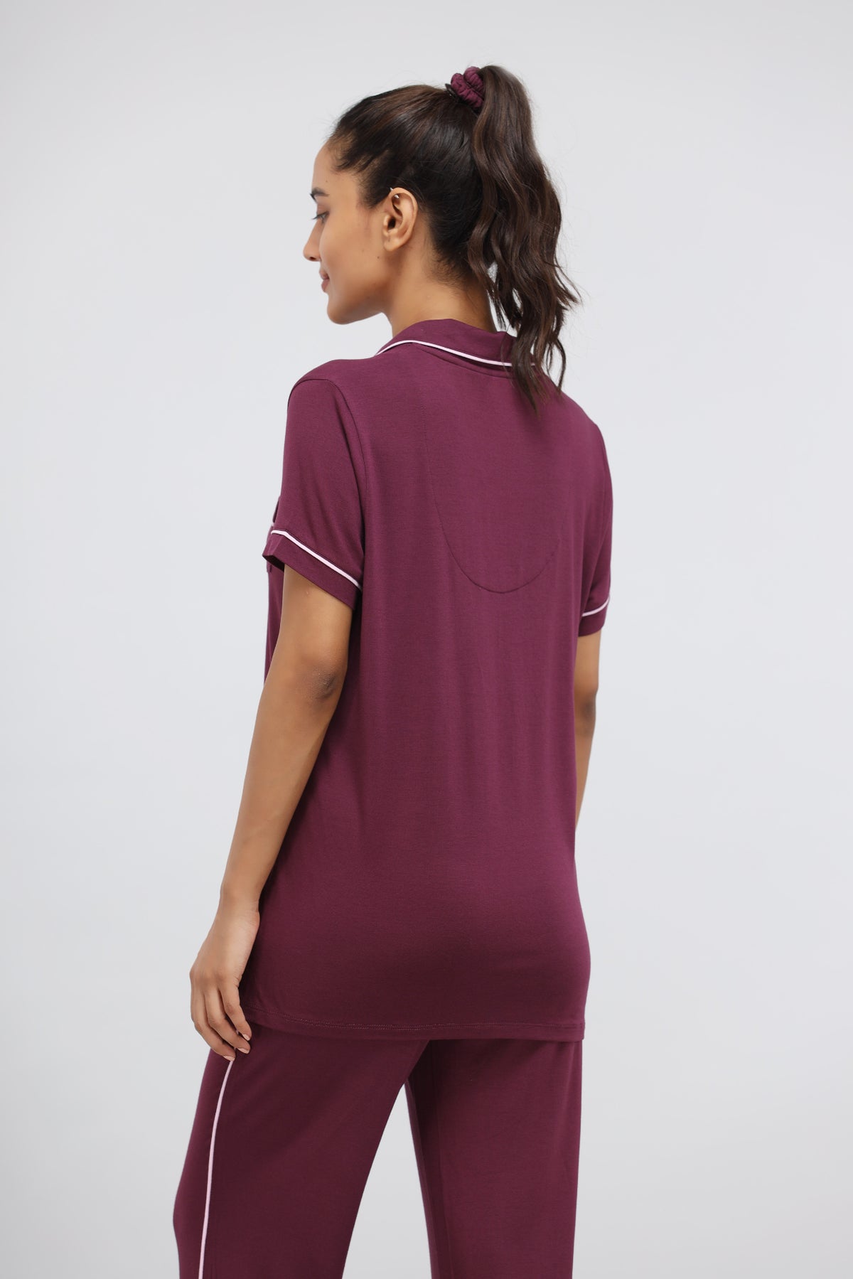 Wine Modal Piping Half Sleeve Top, stylish back view for women.