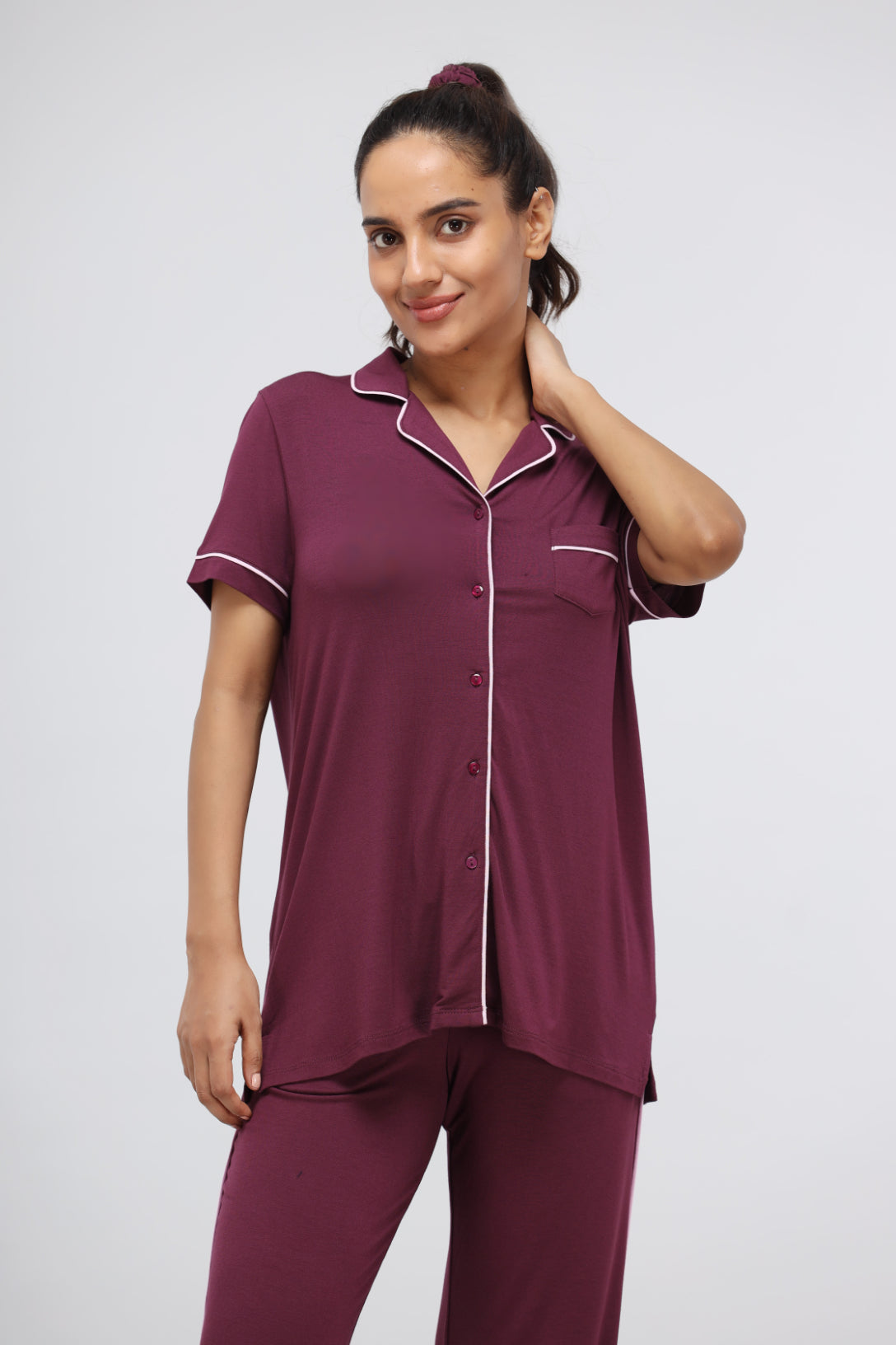 Wine modal piping half sleeve top for relaxed comfort.