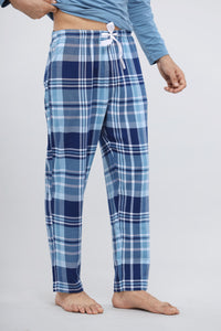 Men's plaid flannel pajamas in blue tones, comfortable and stylish.