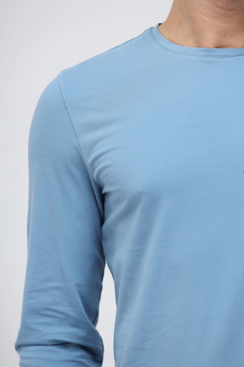 Men's blue cotton full sleeve t-shirt close-up view.