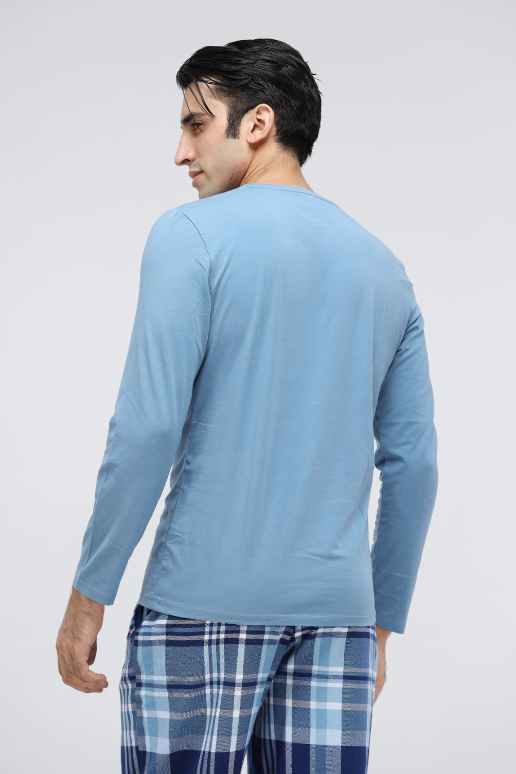 Men's blue cotton full sleeve t-shirt displayed from the back.