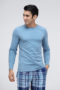 Men's blue cotton full sleeve t-shirt worn by smiling model.