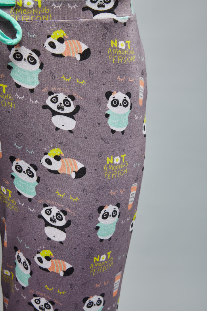 Cute panda print pajamas with "Not a Morning Person" slogan.