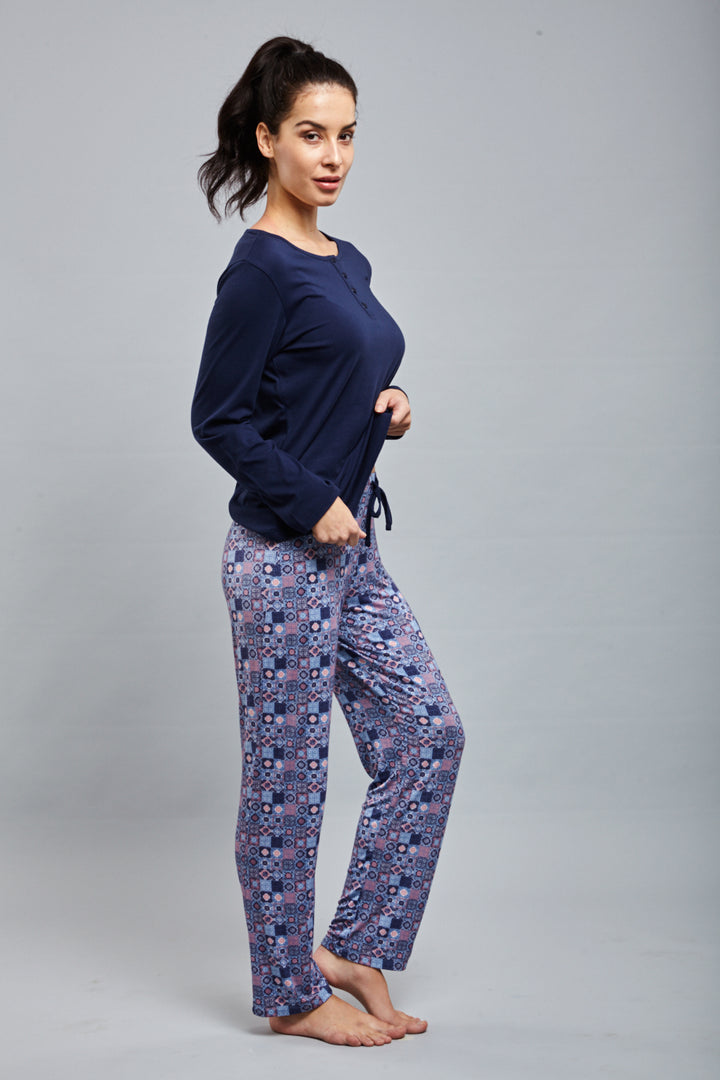 Classic Mosaic Pajama Set modeled by a woman in comfortable attire.