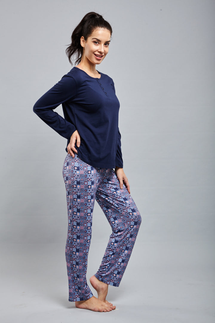 Classic Mosaic Pajama Set model posing in stylish loungewear.