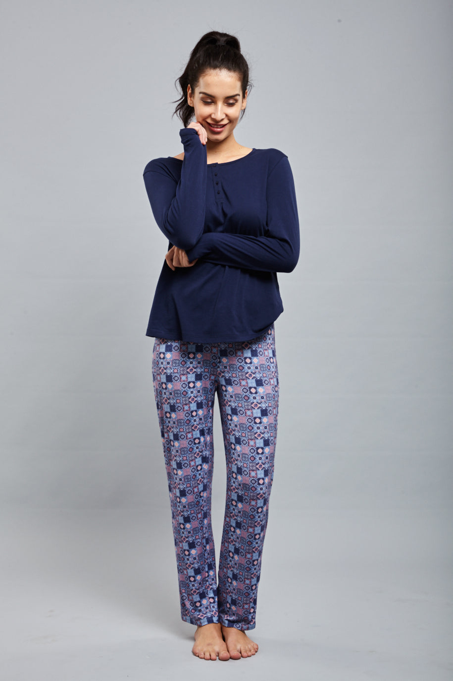 Classic Mosaic Pajamas featuring stylish long-sleeve top and patterned pants.