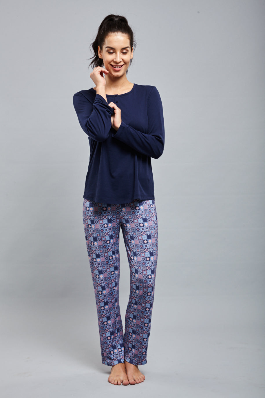 Classic Mosaic Pajamas model showcasing stylish comfort and elegance.