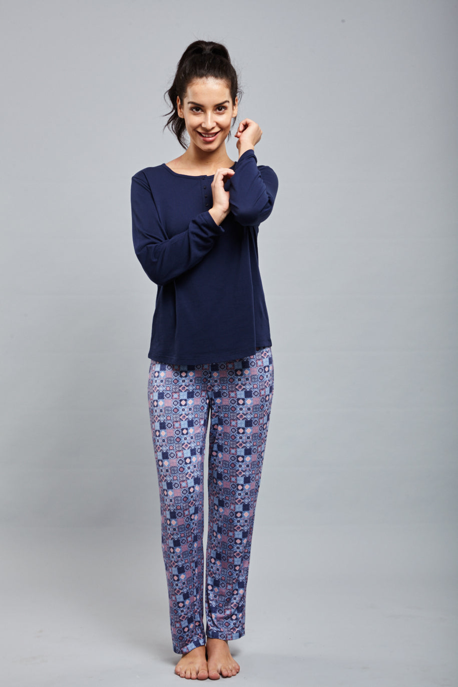 Classic Mosaic Pajamas model showcasing stylish, comfortable sleepwear for women.
