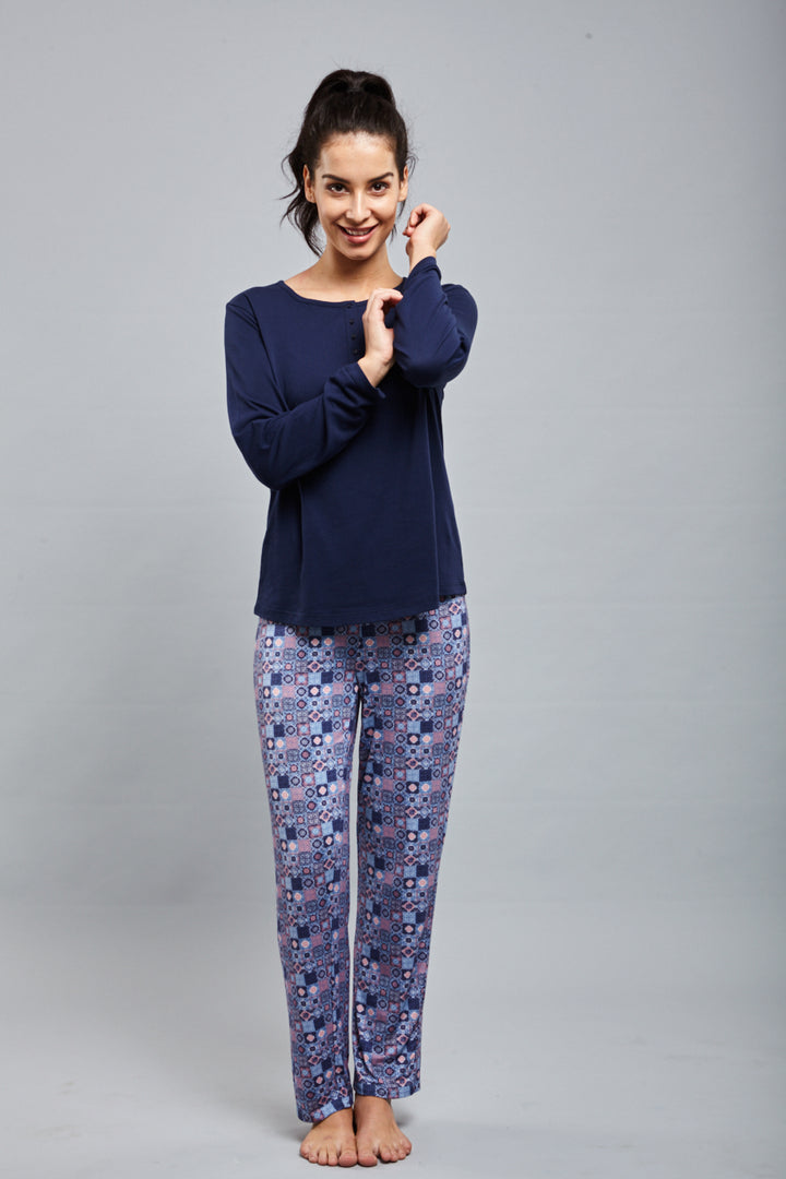 Classic Mosaic Pajama Set featuring a stylish top and patterned pants.