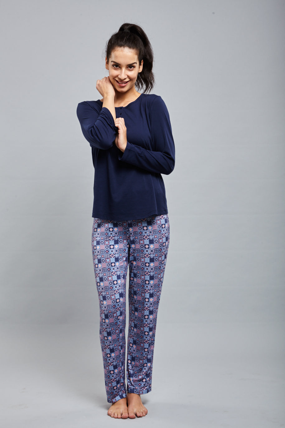 Classic Mosaic Pajamas model showcasing comfortable and stylish loungewear.