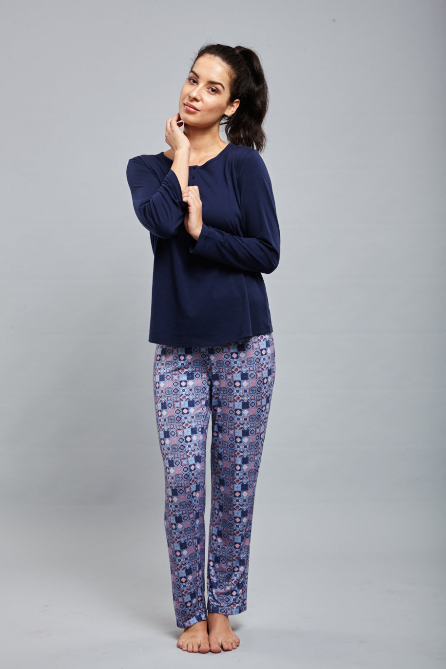 Classic Mosaic Pajamas featuring a stylish navy top and patterned bottoms.