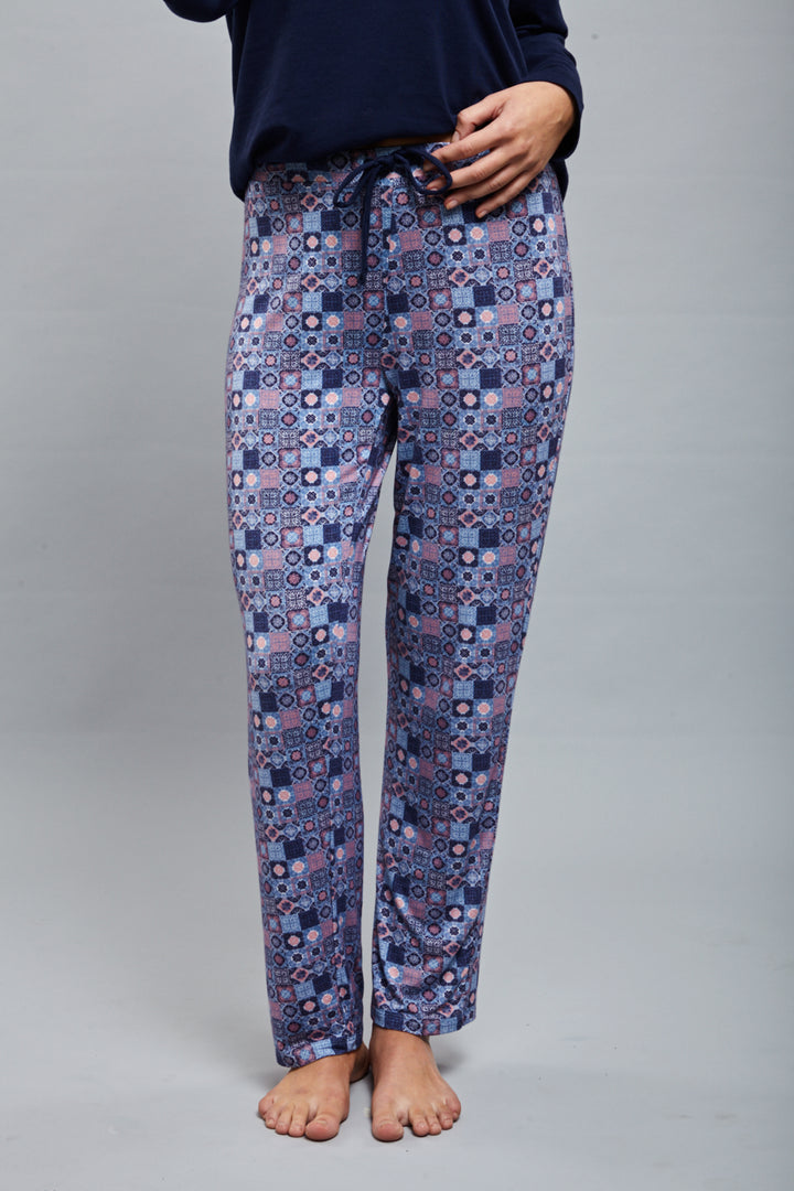 Classic Mosaic Pajama Set featuring colorful patterned pants and stylish top.