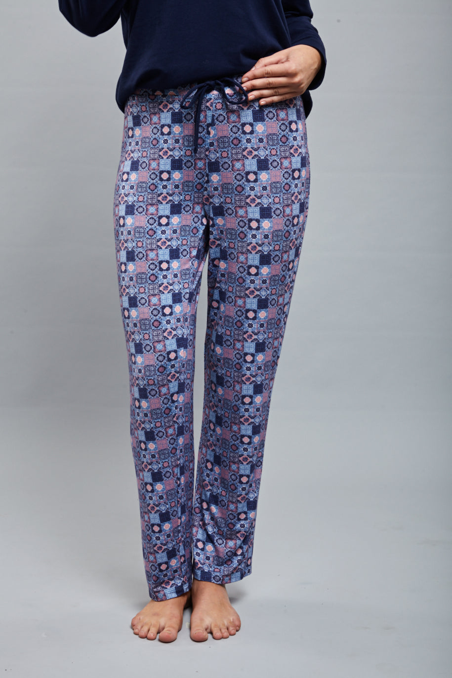 Classic Mosaic Pajama Set featuring vibrant patterned pants and comfortable fit.
