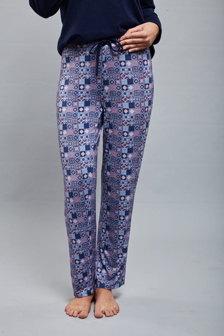 Classic Mosaic Pajama Set featuring vibrant patterned pants and comfortable fit.