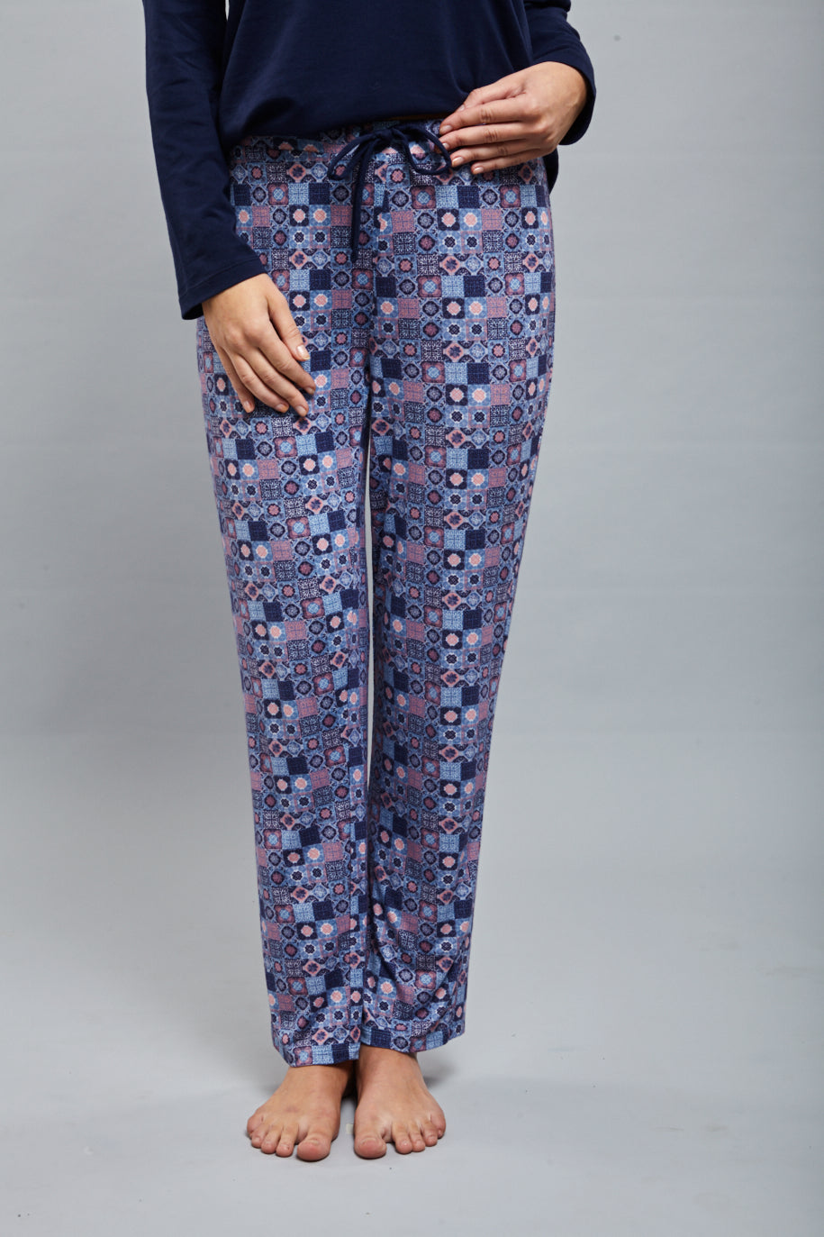 Classic Mosaic Pajamas in vibrant blue and pink pattern for relaxation.