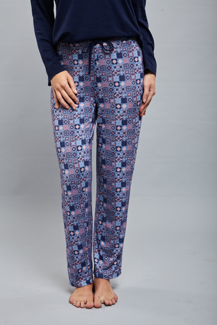 Classic Mosaic Pajama Set featuring stylish patterned pants and long-sleeve top.