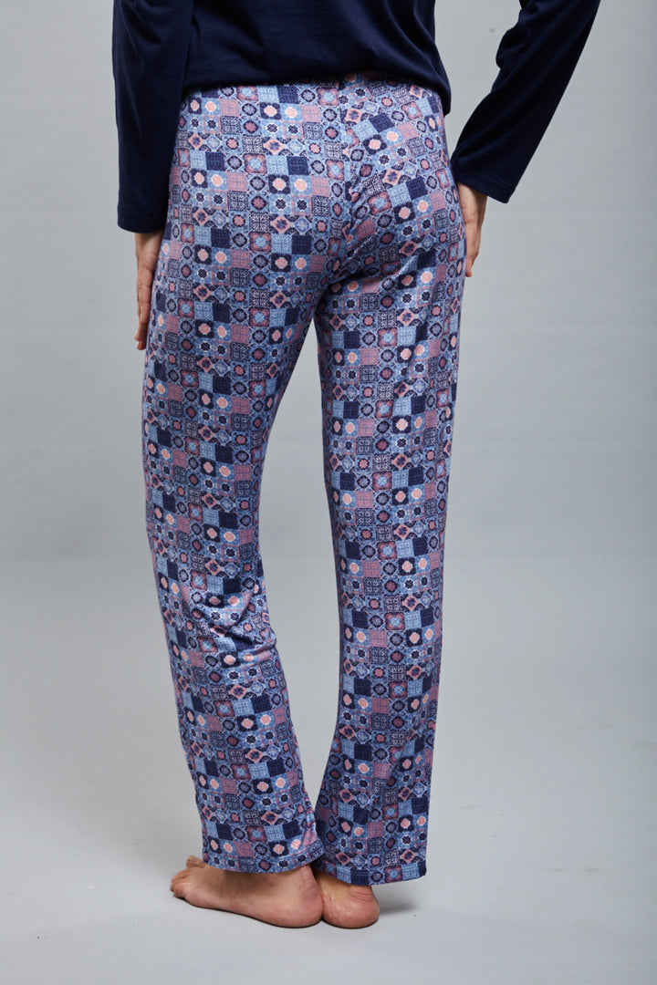 Classic Mosaic Pajama Set featuring stylish patterned pants from behind.