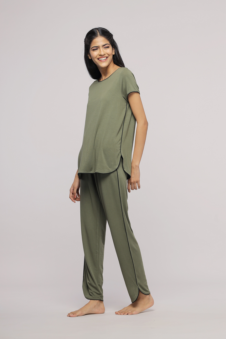 Olive green multipurpose lounge set for comfortable and stylish wear.