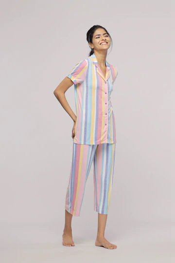 Pastel Stripe Capri Set in soft, colorful stripes for comfortable lounging.