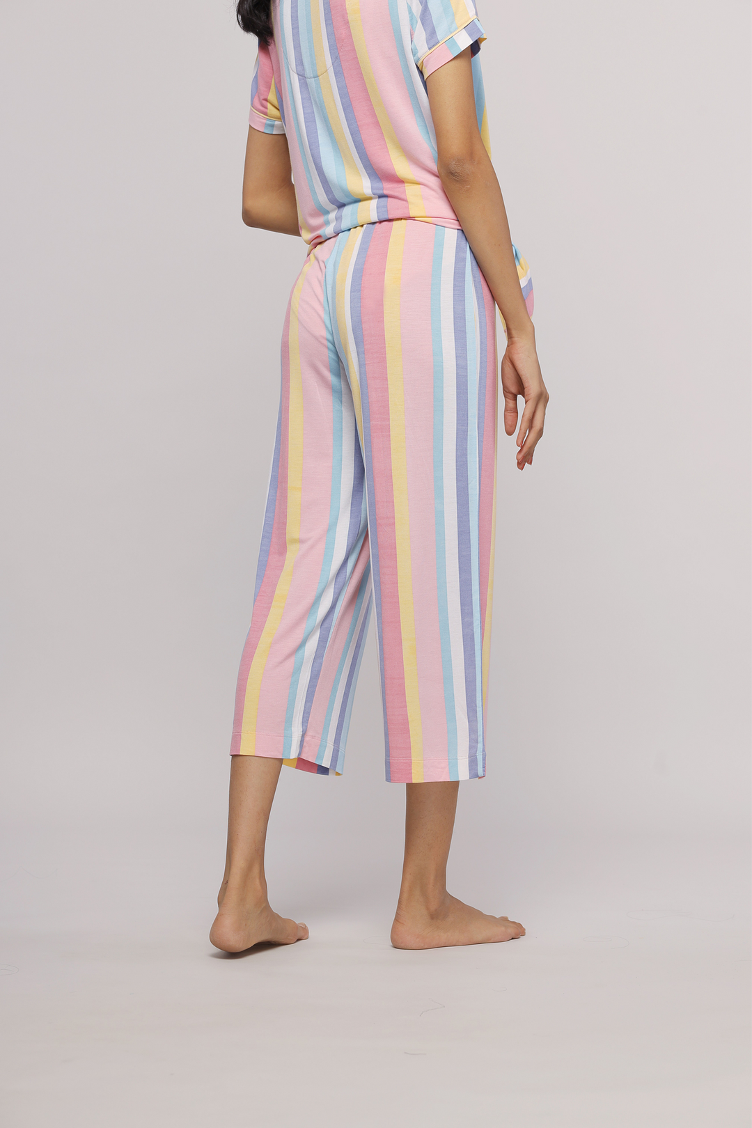 Pastel Stripe Capri Set with colorful striped top and pants.