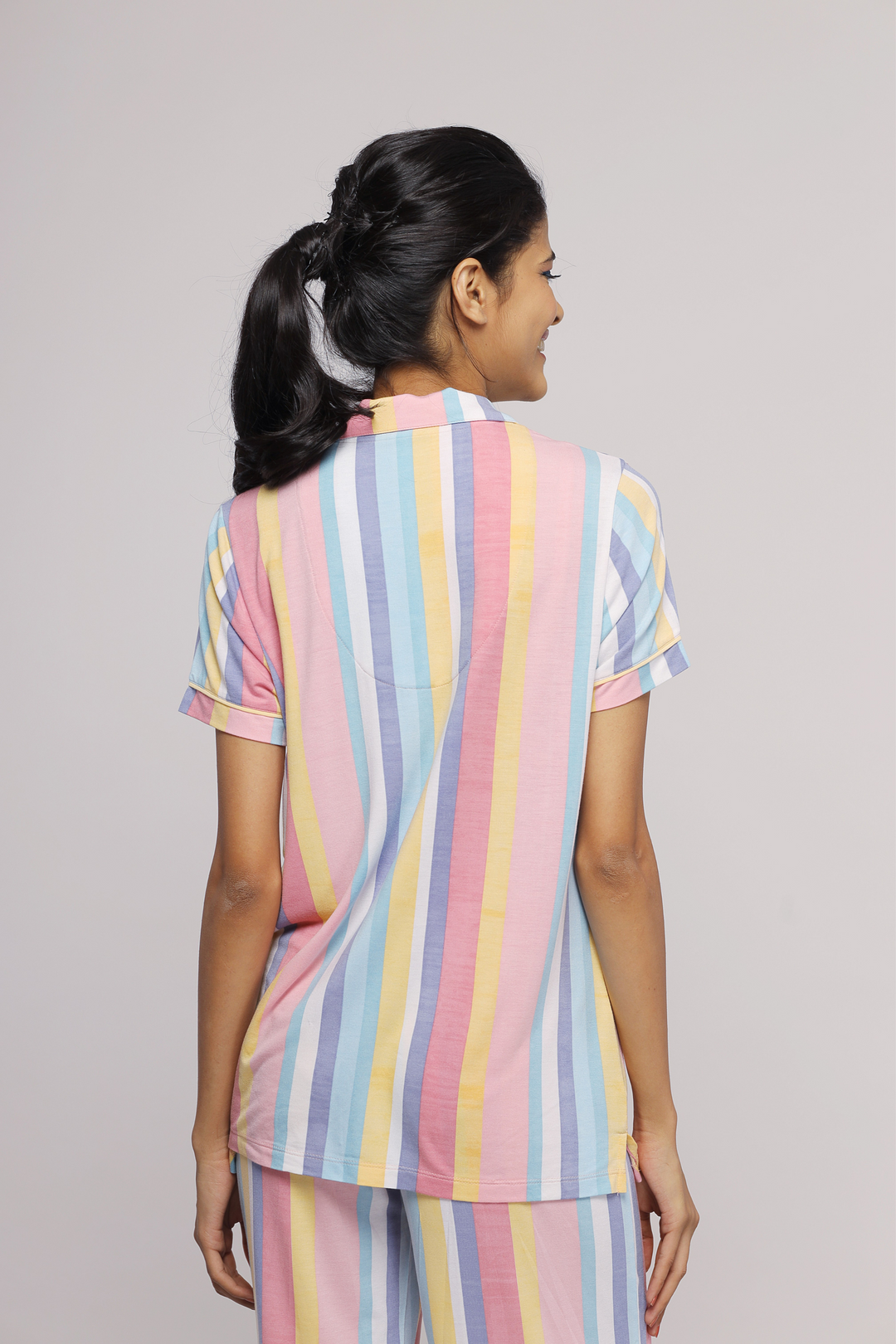 Pastel stripe pajama set for comfortable, stylish sleepwear.