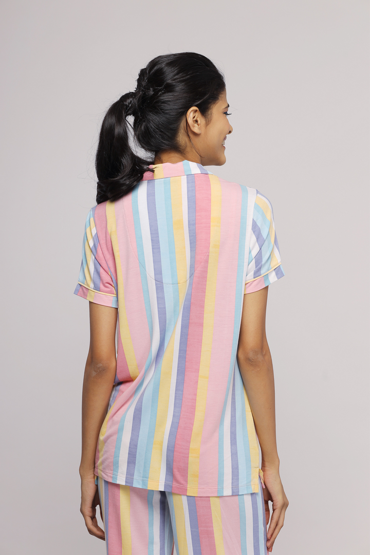 Pastel stripe pajama set for comfortable, stylish sleepwear.