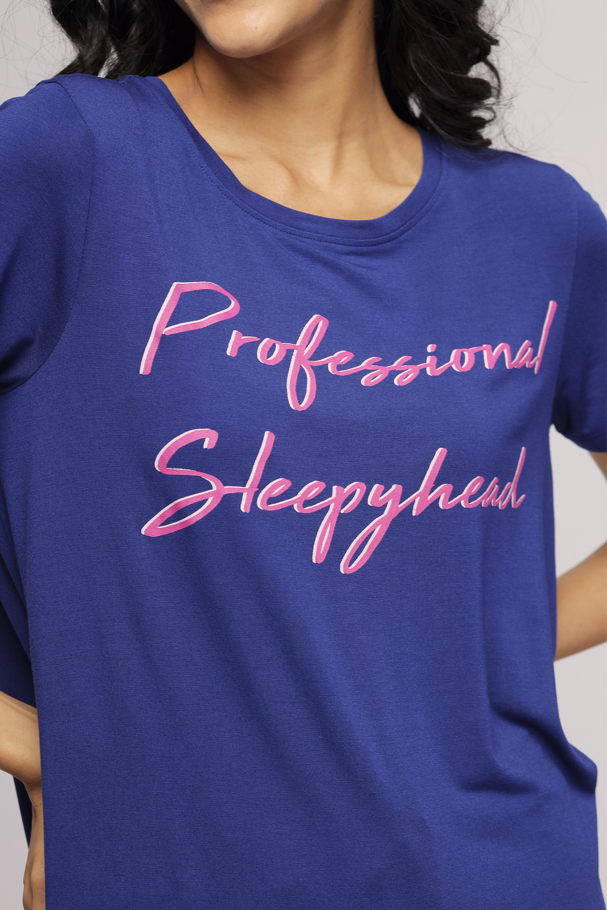 Professional Sleepyhead Top in vibrant blue with stylish lettering.