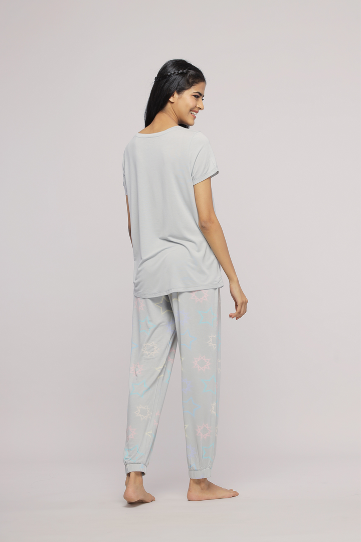 Back view of Starlit Cuffed Pajamas in soft fabric.