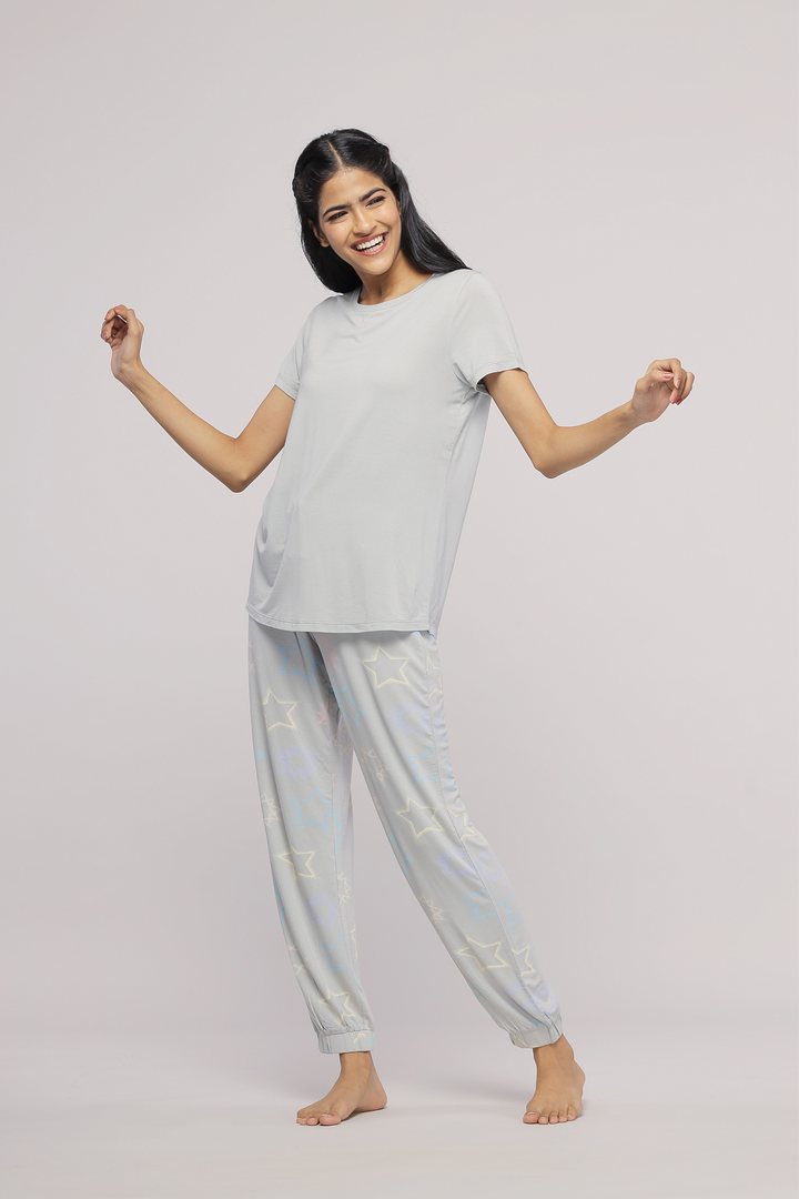 Starlit Cuffed Pajamas in soft gray with star pattern design.