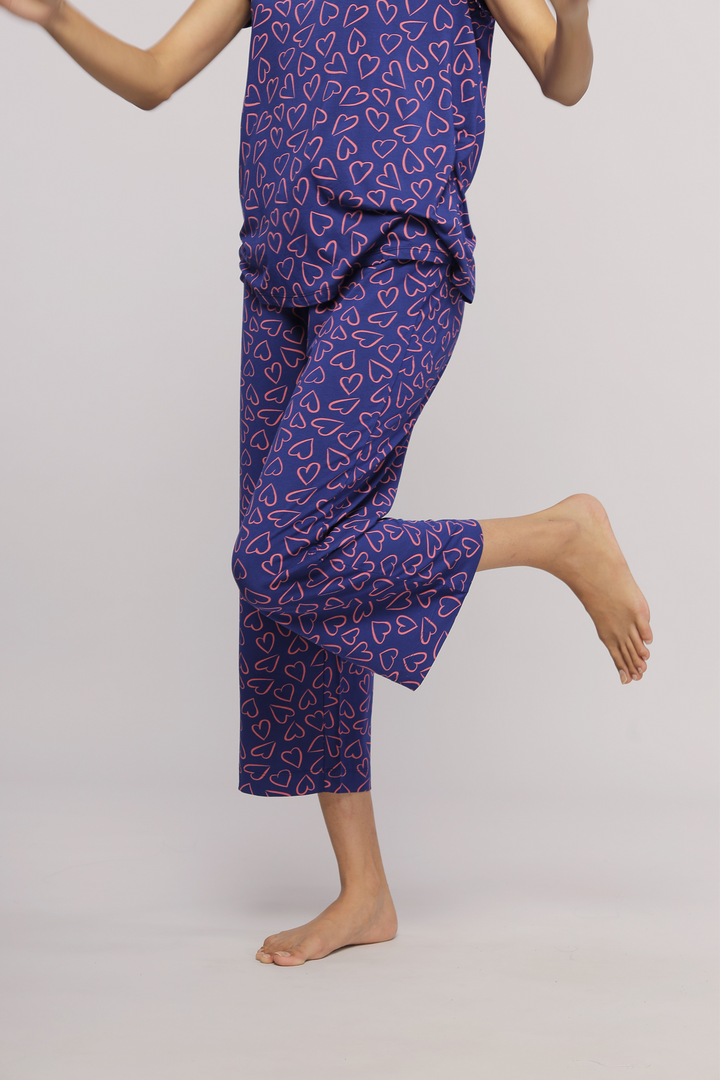 Sweetheart Capri Set featuring playful heart print design on comfy fabric.